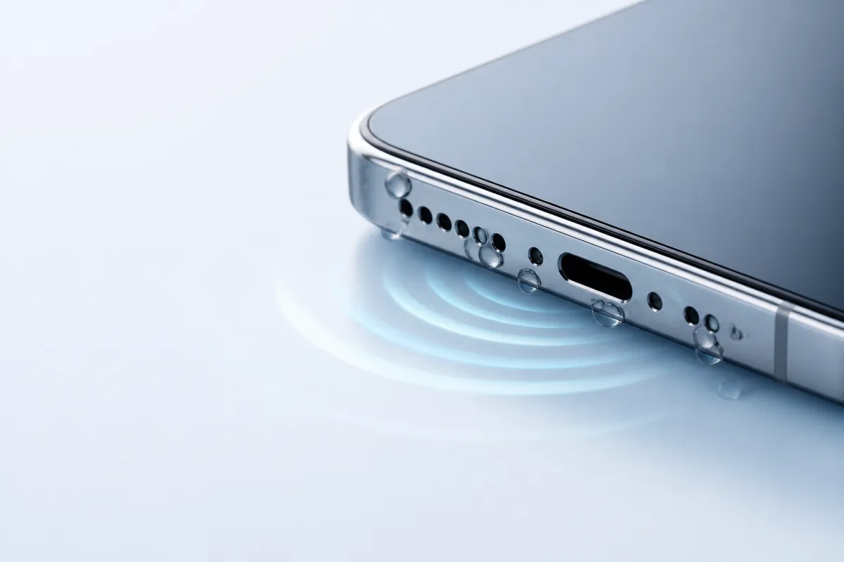 Close-up of a phone speaker grille with small water droplets